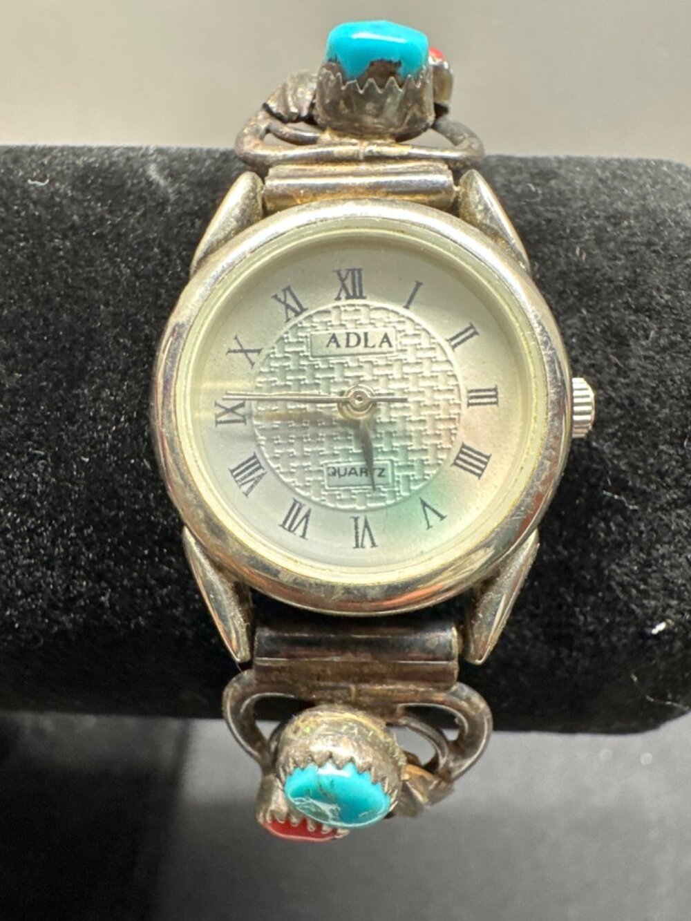 Vintage Adla Quartz Watch Turquoise & Coral Inlay On Silver-Tone Band Tested